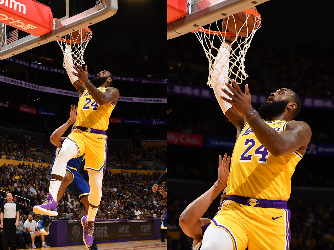 NBA湖人队比赛现场球员突破上篮精彩画面